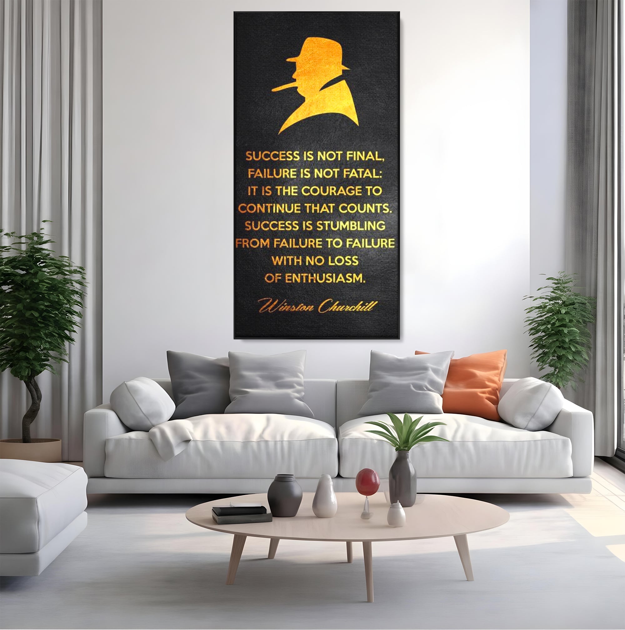 Tablou canvas cu tablou canvas cu winston churchill si citat, in rama de aluminiu negru, pe perete intr-un living